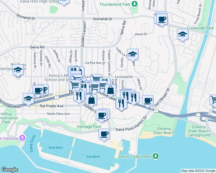 map of restaurants, bars, coffee shops, grocery stores, and more near 34082 Alcazar Drive in Dana Point