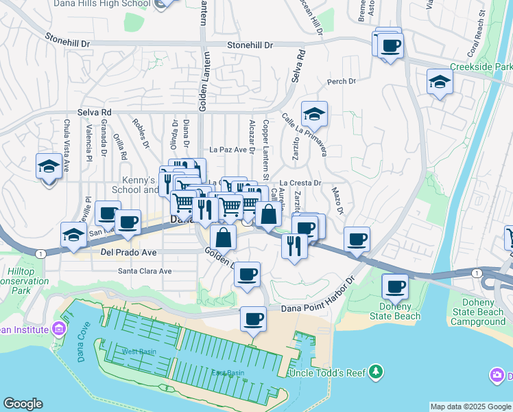 map of restaurants, bars, coffee shops, grocery stores, and more near 34082 Alcazar Drive in Dana Point