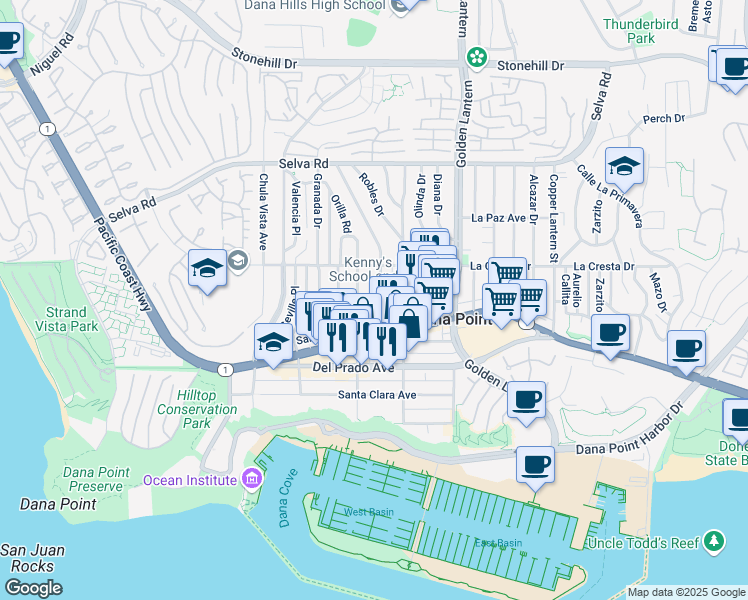 map of restaurants, bars, coffee shops, grocery stores, and more near 34072 Street of the Amber Lantern in Dana Point