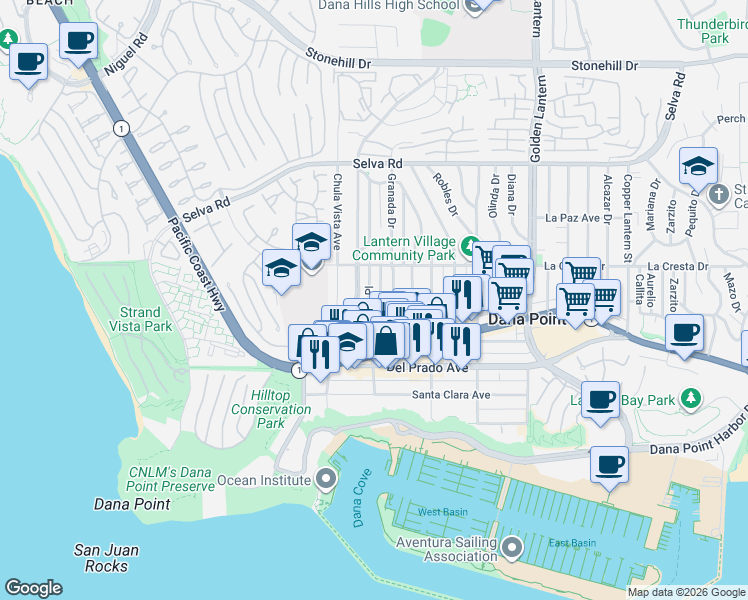 map of restaurants, bars, coffee shops, grocery stores, and more near 34072 Street of the Blue Lantern in Dana Point