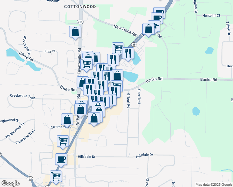 map of restaurants, bars, coffee shops, grocery stores, and more near 215 Banks Road in Fayetteville