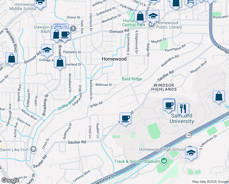 map of restaurants, bars, coffee shops, grocery stores, and more near 1260 Ridge Road in Homewood