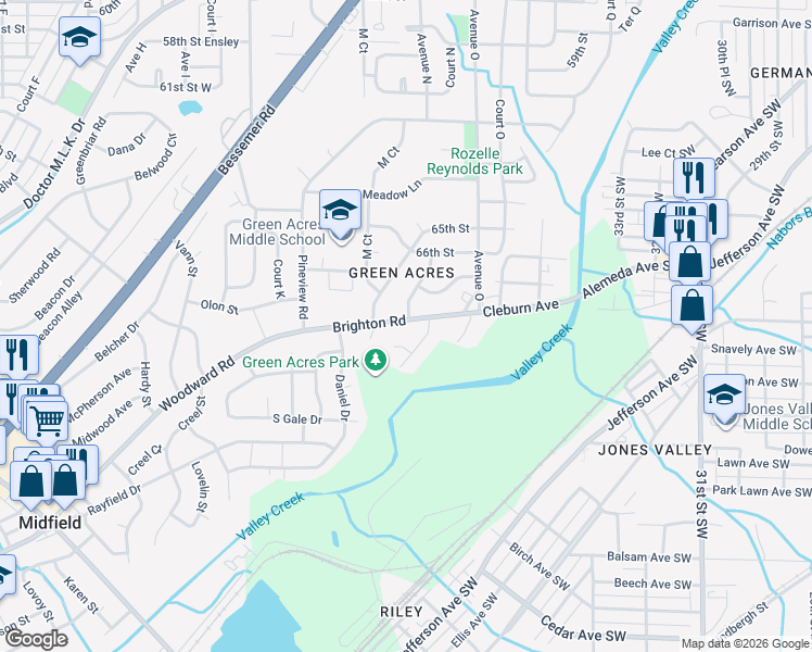 map of restaurants, bars, coffee shops, grocery stores, and more near 1413 Brighton Road in Birmingham