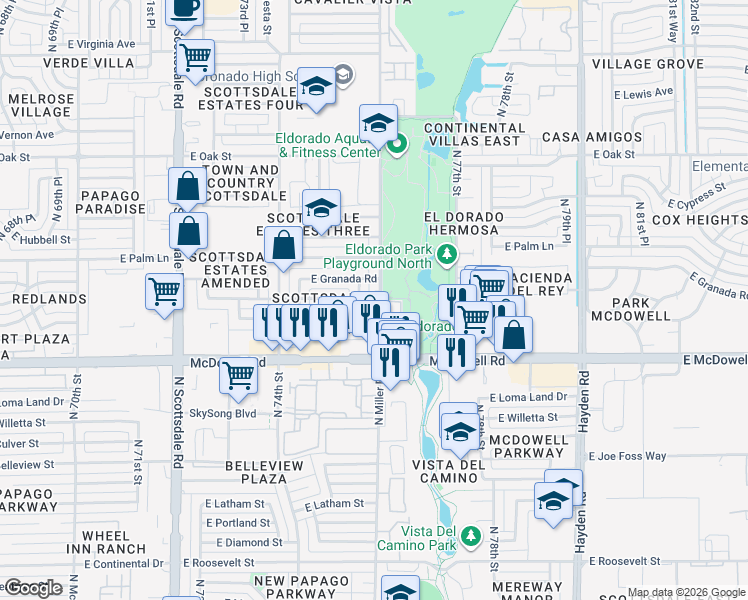 map of restaurants, bars, coffee shops, grocery stores, and more near 1726 North Miller Road in Scottsdale