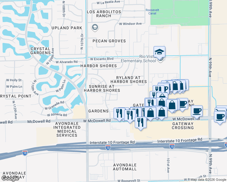 map of restaurants, bars, coffee shops, grocery stores, and more near 10350 West McDowell Road in Avondale