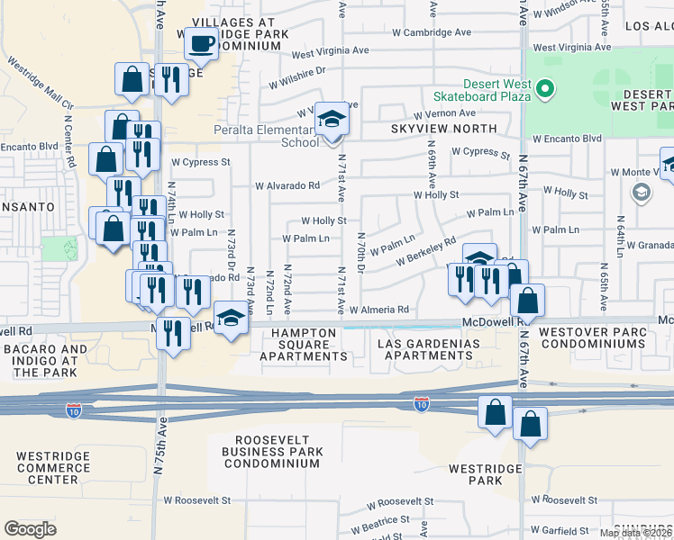 map of restaurants, bars, coffee shops, grocery stores, and more near 7102 West Berkeley Road in Phoenix