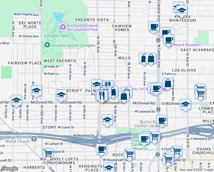 map of restaurants, bars, coffee shops, grocery stores, and more near 522 West Coronado Road in Phoenix