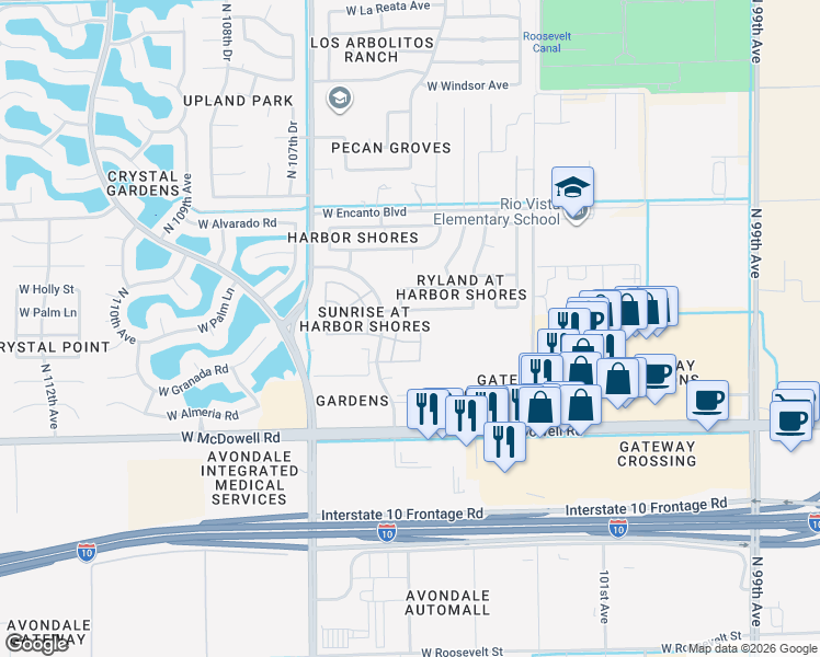 map of restaurants, bars, coffee shops, grocery stores, and more near 10350 West McDowell Road in Avondale