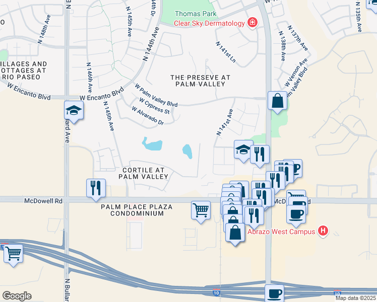 map of restaurants, bars, coffee shops, grocery stores, and more near 14206 West Palm Lane in Goodyear