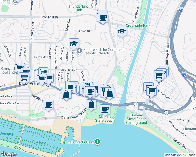 map of restaurants, bars, coffee shops, grocery stores, and more near 34082 Cambridge Road in Dana Point