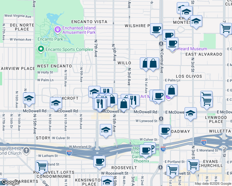 map of restaurants, bars, coffee shops, grocery stores, and more near 334 West Coronado Road in Phoenix