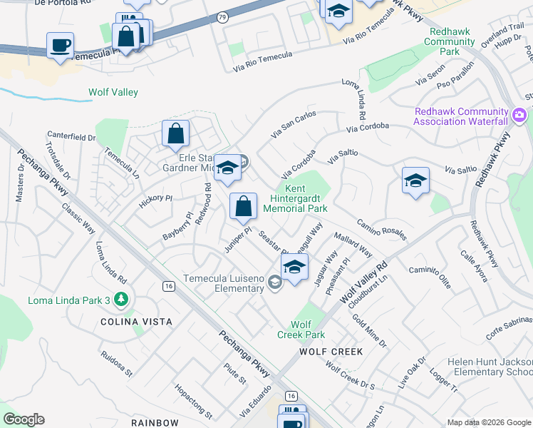 map of restaurants, bars, coffee shops, grocery stores, and more near 45463 Moose Court in Temecula
