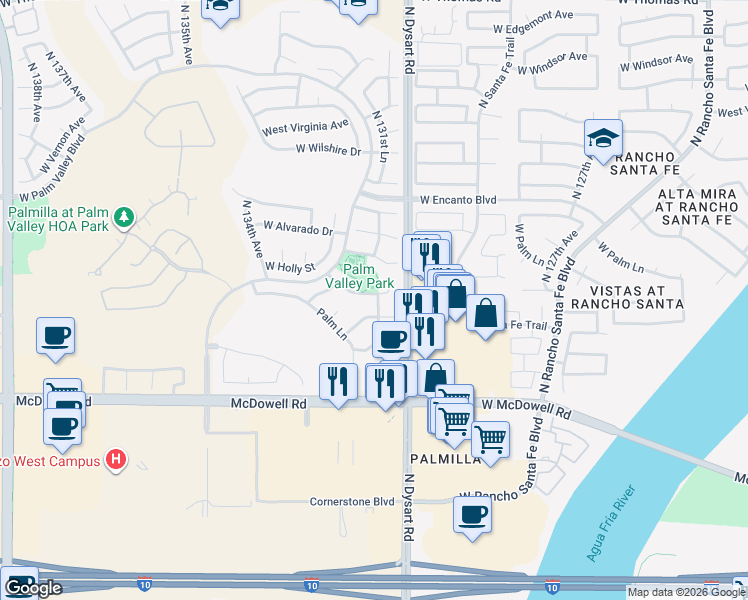 map of restaurants, bars, coffee shops, grocery stores, and more near 13169 West Hubbell Street in Goodyear