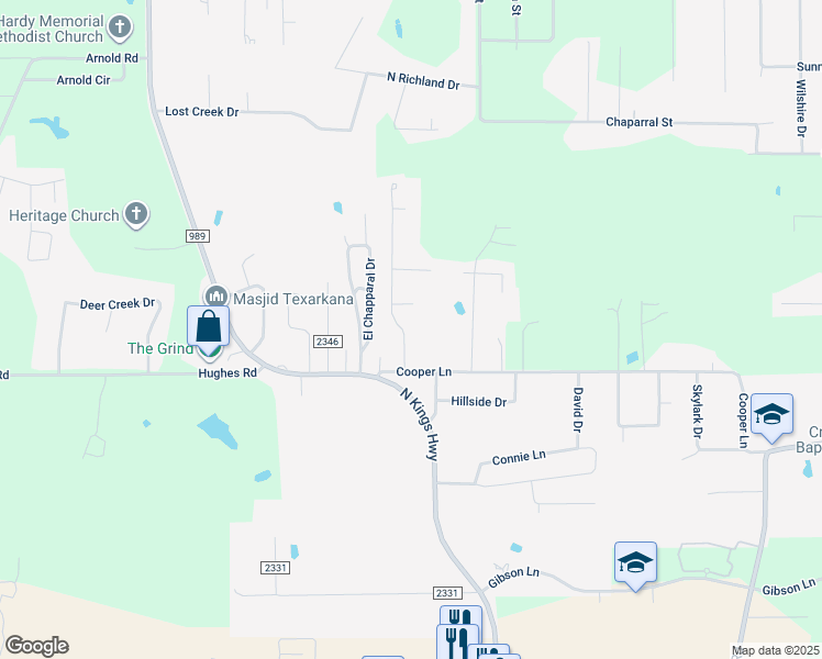 map of restaurants, bars, coffee shops, grocery stores, and more near 5118-5120 Galloping Way in Texarkana