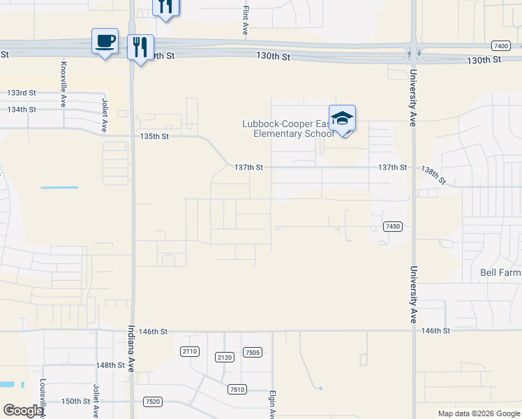 map of restaurants, bars, coffee shops, grocery stores, and more near 2920 County Road 7450 in Lubbock