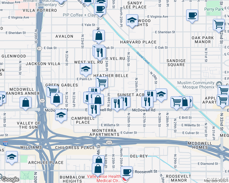 map of restaurants, bars, coffee shops, grocery stores, and more near 2468 East Coronado Road in Phoenix