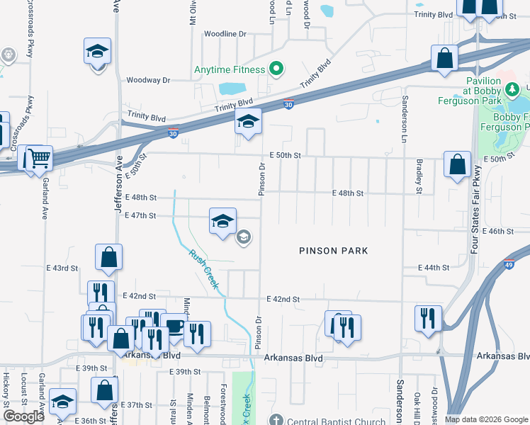 map of restaurants, bars, coffee shops, grocery stores, and more near 4708 Pinson Drive in Texarkana