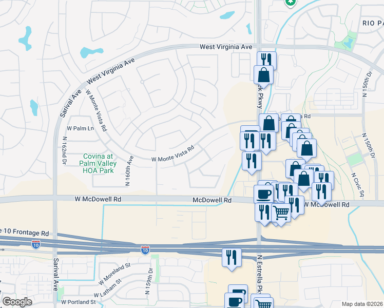 map of restaurants, bars, coffee shops, grocery stores, and more near 15754 West Berkeley Road in Goodyear