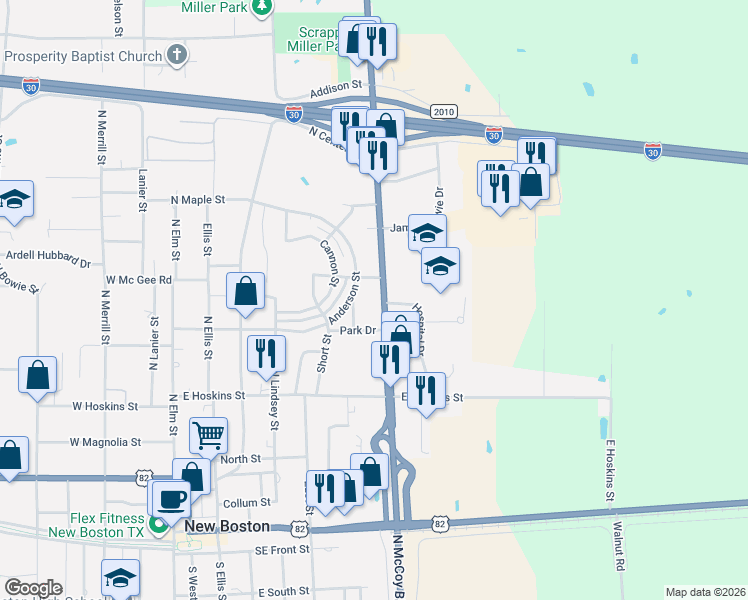 map of restaurants, bars, coffee shops, grocery stores, and more near 507 North McCoy Boulevard in New Boston