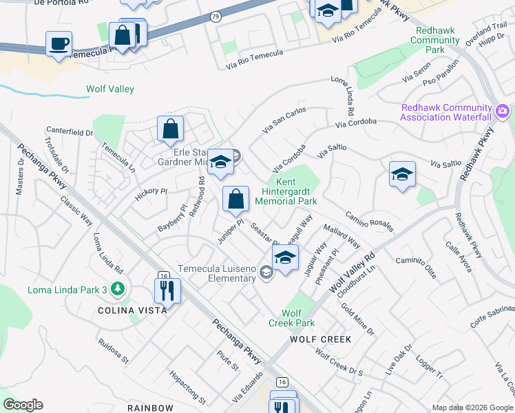 map of restaurants, bars, coffee shops, grocery stores, and more near 45463 Moose Court in Temecula