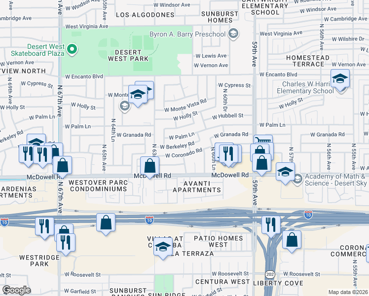 map of restaurants, bars, coffee shops, grocery stores, and more near 6161 West Berkeley Road in Phoenix