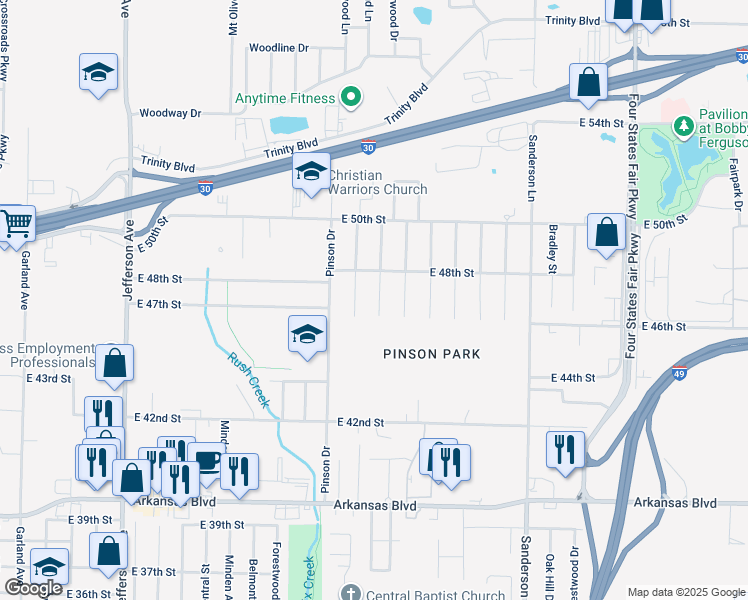 map of restaurants, bars, coffee shops, grocery stores, and more near 4707 Ridgeway Drive in Texarkana