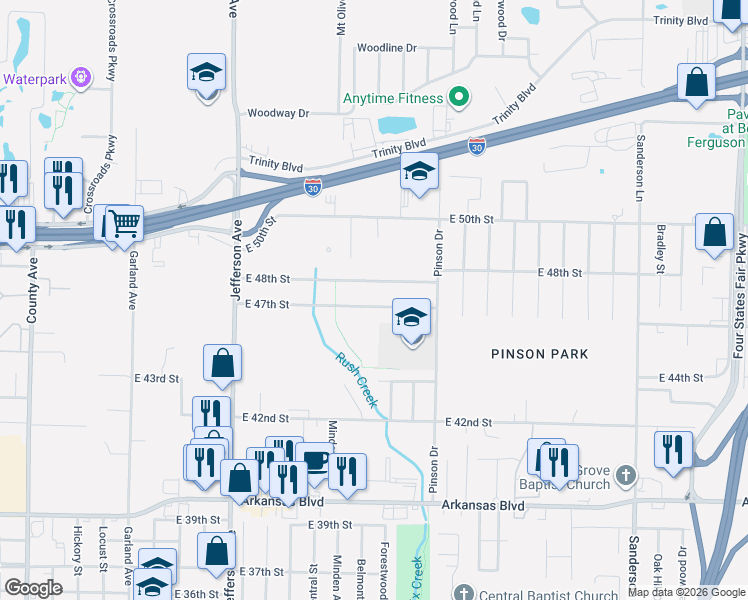 map of restaurants, bars, coffee shops, grocery stores, and more near 1705 East 47th Street in Texarkana
