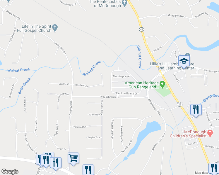 map of restaurants, bars, coffee shops, grocery stores, and more near 179 Hamilton Pointe Drive in McDonough