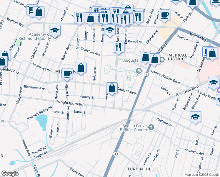 map of restaurants, bars, coffee shops, grocery stores, and more near 1608 Central Avenue in Augusta