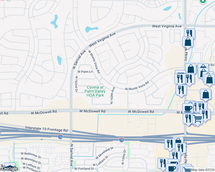map of restaurants, bars, coffee shops, grocery stores, and more near 16056 West Berkeley Road in Goodyear