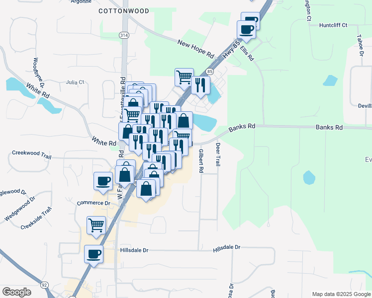 map of restaurants, bars, coffee shops, grocery stores, and more near 215 Banks Road in Fayetteville