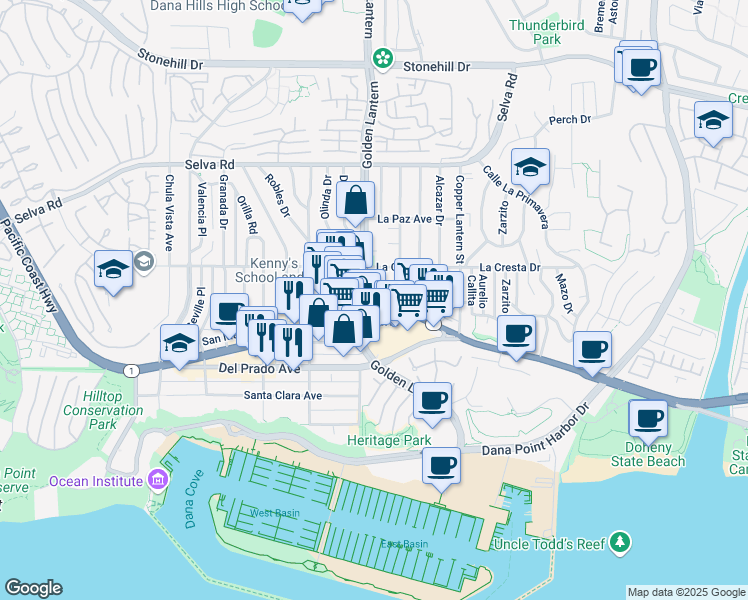 map of restaurants, bars, coffee shops, grocery stores, and more near 34081 Colegio Drive in Dana Point