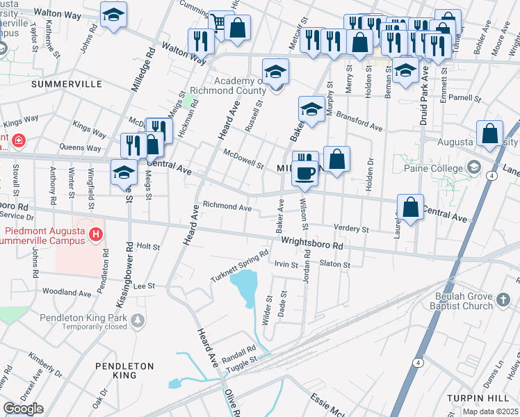 map of restaurants, bars, coffee shops, grocery stores, and more near 1915 Richmond Avenue in Augusta