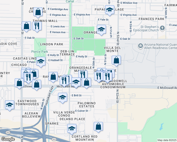 map of restaurants, bars, coffee shops, grocery stores, and more near 4923 East Granada Road in Phoenix