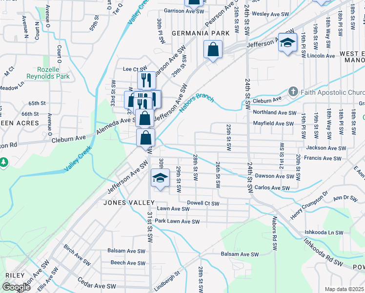 map of restaurants, bars, coffee shops, grocery stores, and more near 2825 Brookhaven Avenue Southwest in Birmingham
