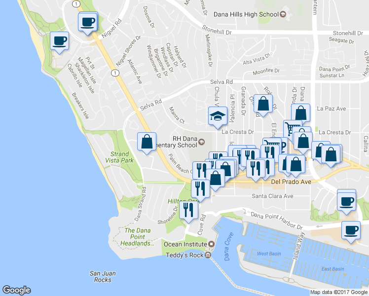 map of restaurants, bars, coffee shops, grocery stores, and more near 27 Saint Francis Court in Dana Point