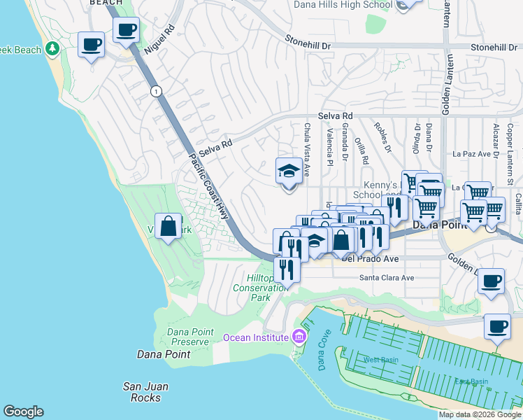 map of restaurants, bars, coffee shops, grocery stores, and more near 27 Saint Francis Court in Dana Point