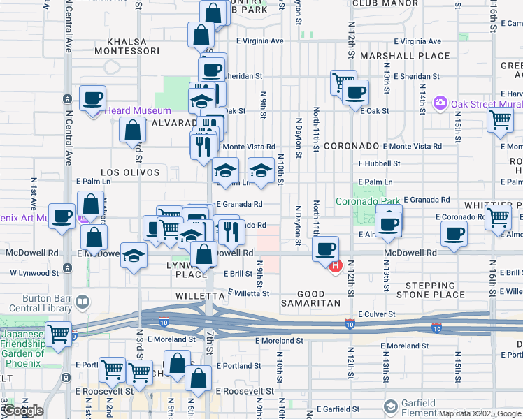 map of restaurants, bars, coffee shops, grocery stores, and more near 921 East Granada Road in Phoenix
