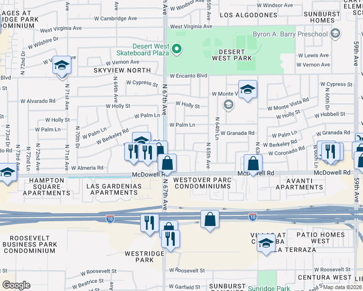 map of restaurants, bars, coffee shops, grocery stores, and more near 1807 North 66th Avenue in Phoenix