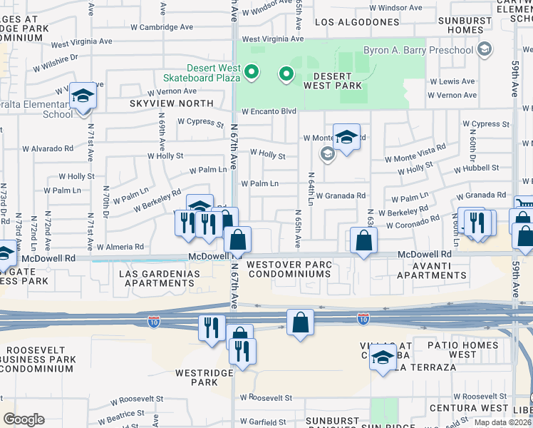 map of restaurants, bars, coffee shops, grocery stores, and more near 1807 North 66th Avenue in Phoenix