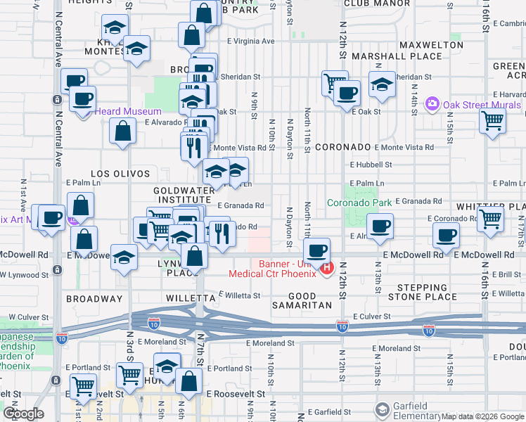 map of restaurants, bars, coffee shops, grocery stores, and more near 921 East Granada Road in Phoenix