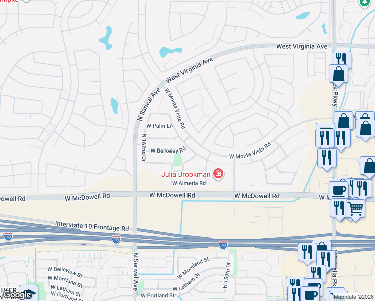map of restaurants, bars, coffee shops, grocery stores, and more near 16135 West Berkeley Road in Goodyear