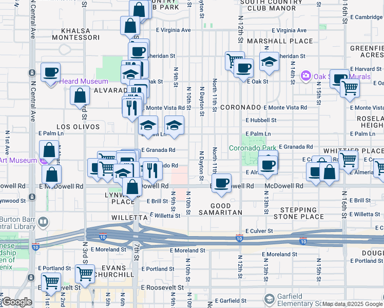 map of restaurants, bars, coffee shops, grocery stores, and more near 1809 North 10th Street in Phoenix