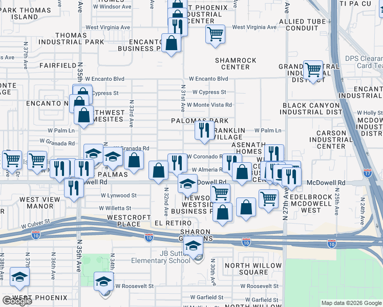 map of restaurants, bars, coffee shops, grocery stores, and more near 3034 West Coronado Road in Phoenix