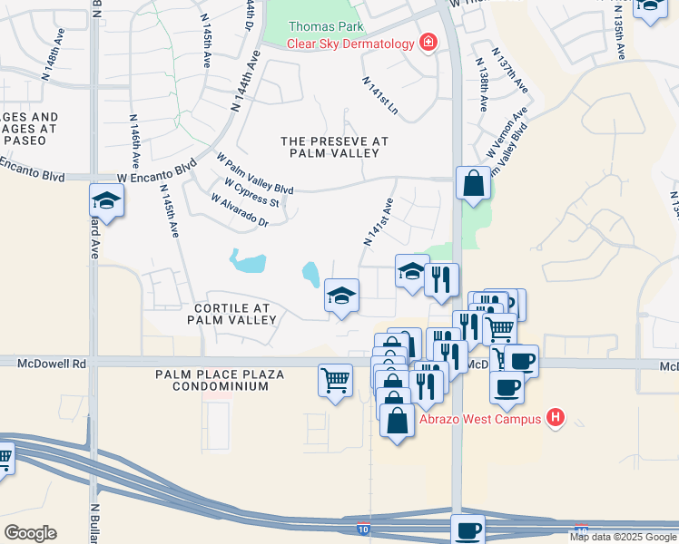 map of restaurants, bars, coffee shops, grocery stores, and more near 1927 North 142nd Avenue in Goodyear