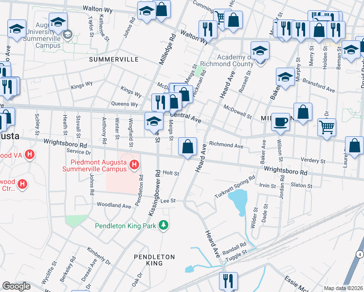 map of restaurants, bars, coffee shops, grocery stores, and more near 1311 Hickman Road in Augusta