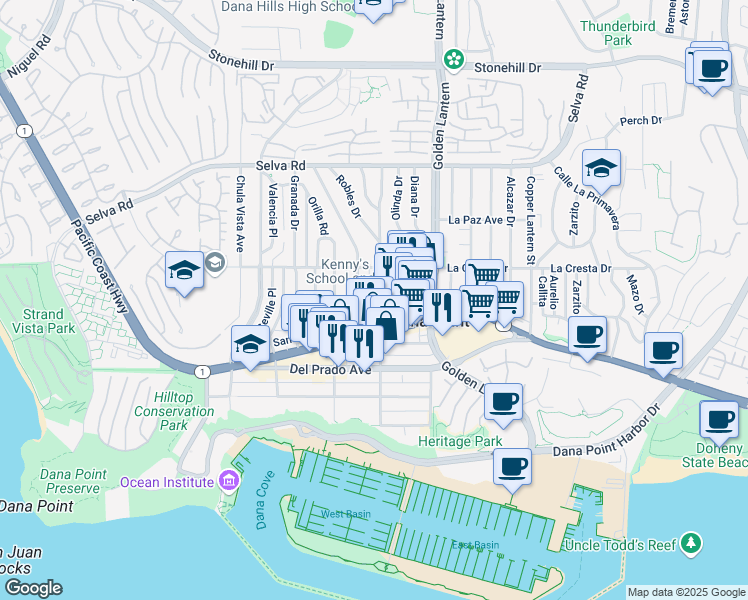 map of restaurants, bars, coffee shops, grocery stores, and more near 34071 Violet Lantern Street in Dana Point