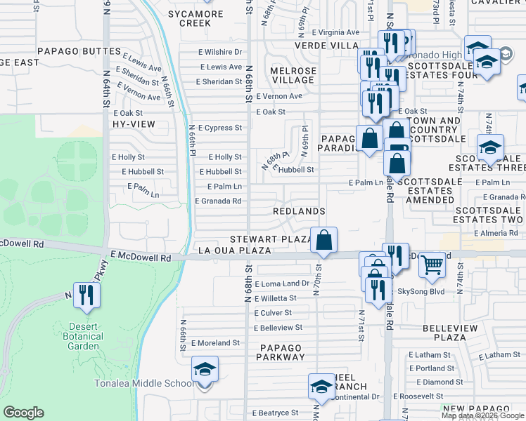 map of restaurants, bars, coffee shops, grocery stores, and more near 6802 East Coronado Road in Scottsdale