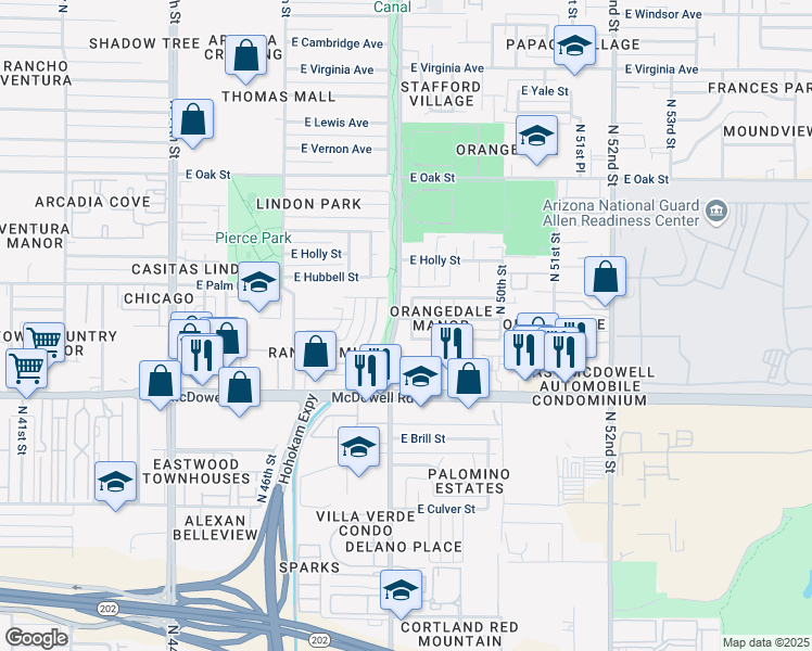 map of restaurants, bars, coffee shops, grocery stores, and more near 1812 North 48th Place in Phoenix