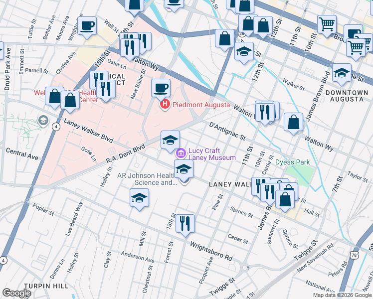 map of restaurants, bars, coffee shops, grocery stores, and more near 1032 Phillips Street in Augusta